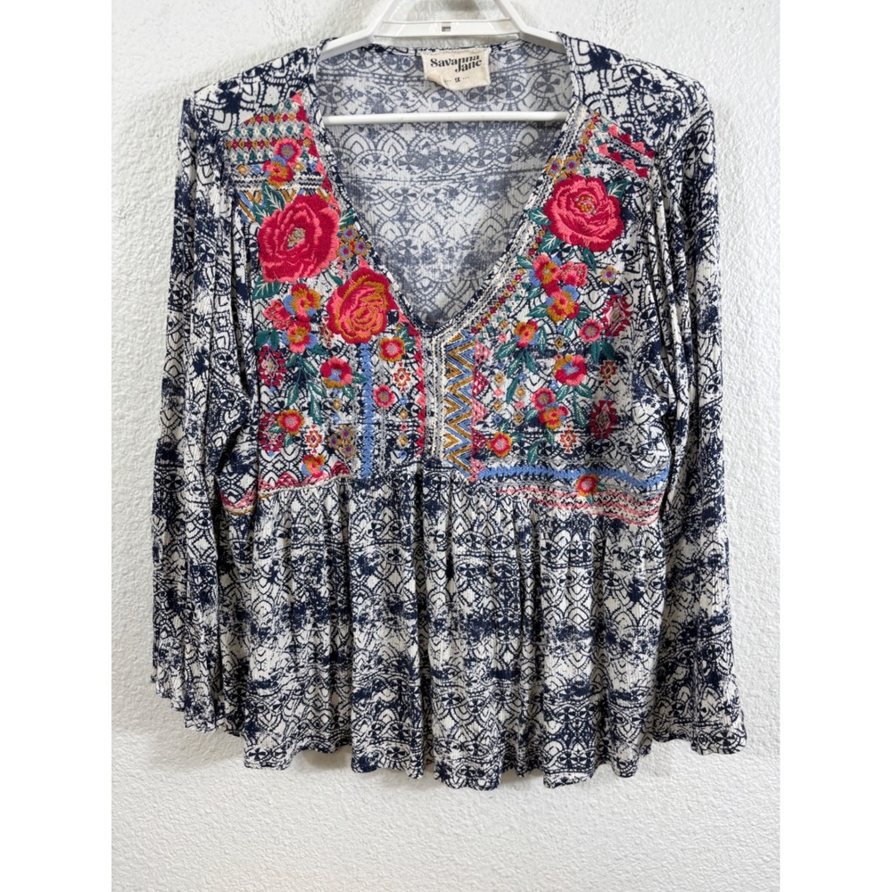 Savanna Jane Womens 1X Embroidered Floral Boho Peasant Top Rayon Blue PT10815